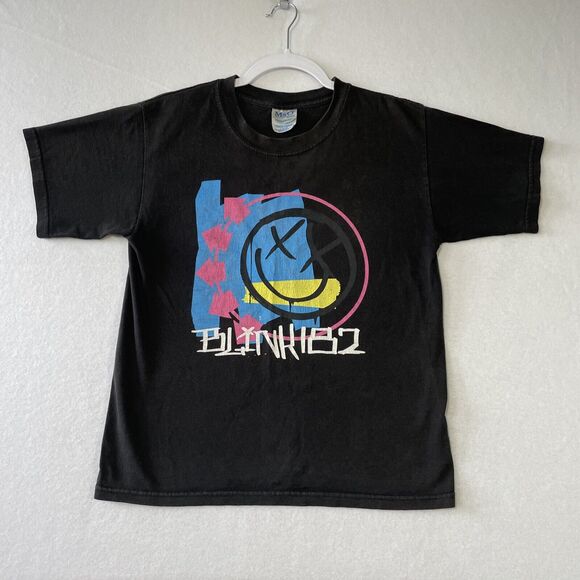 Vintage Y2K Blink 182 Smiley Face Tour Band T-Shirt Youth L 14-16
